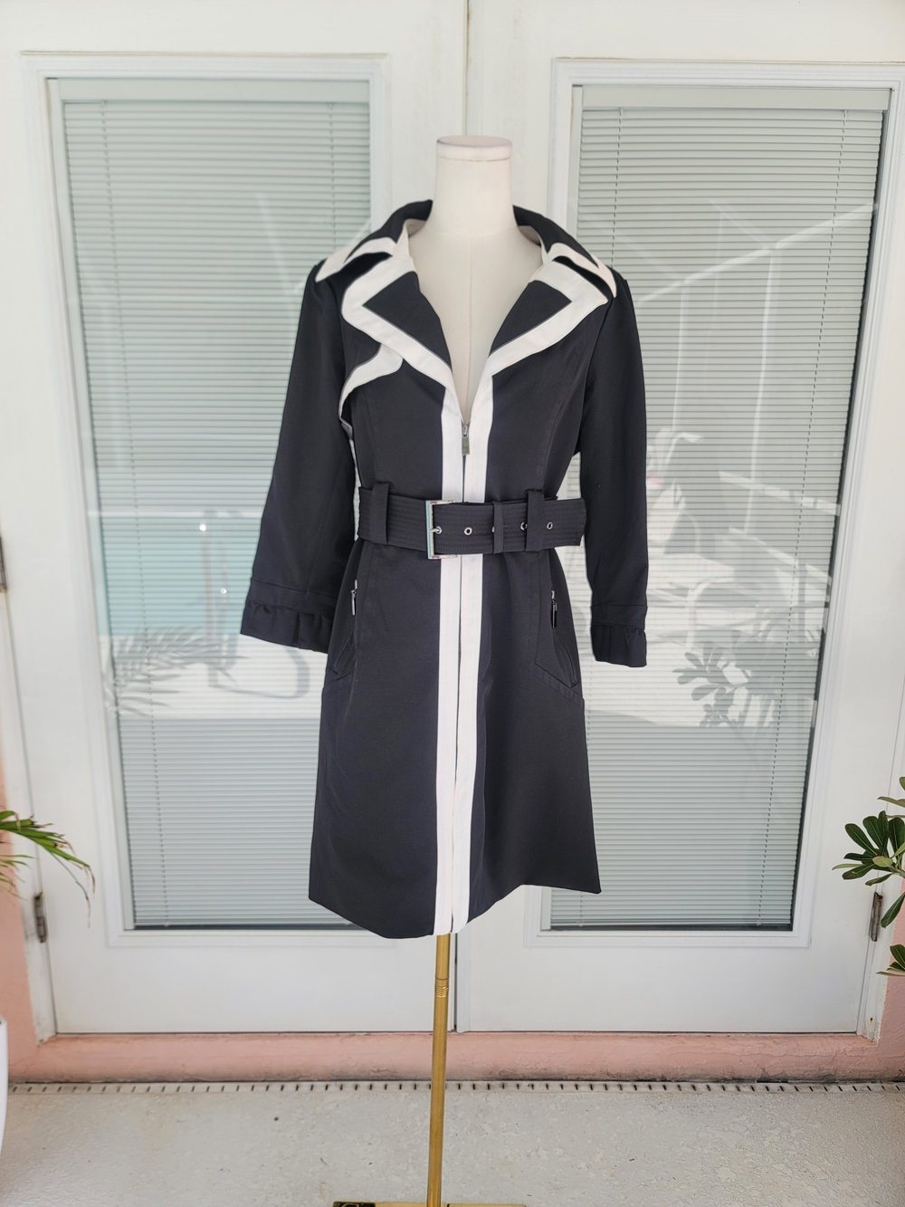 Bebe Black Trench Coat with White Trim and Belted Waist
